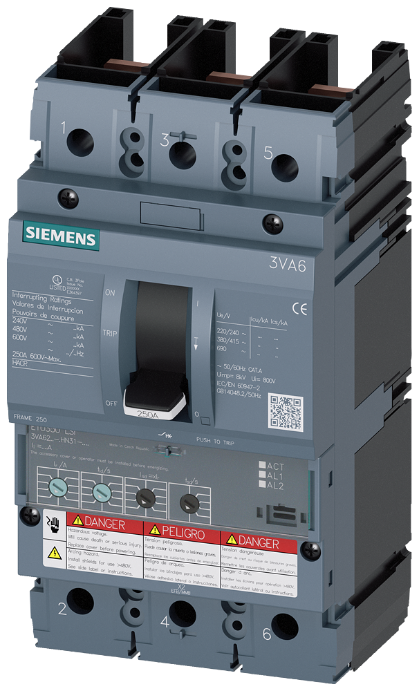 3VA6225-8HN31-0AA0 Siemens Molded Case Circuit Breaker With Electronic Trip Unit, 250A 3-Pole