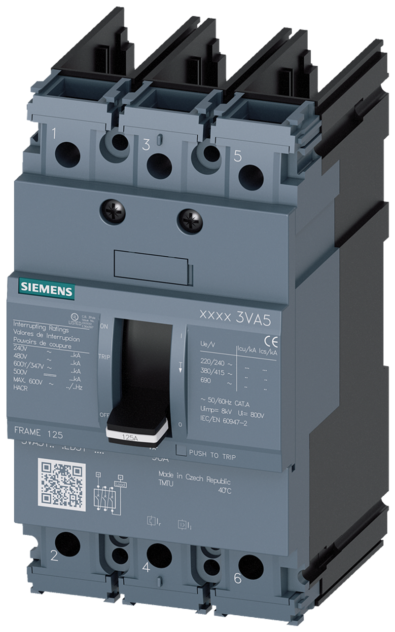 3VA5150-5ED31-0AA0 Siemens Molded Case Circuit Breaker With Thermal - Magnetic Trip Unit, 50A 3-Pole