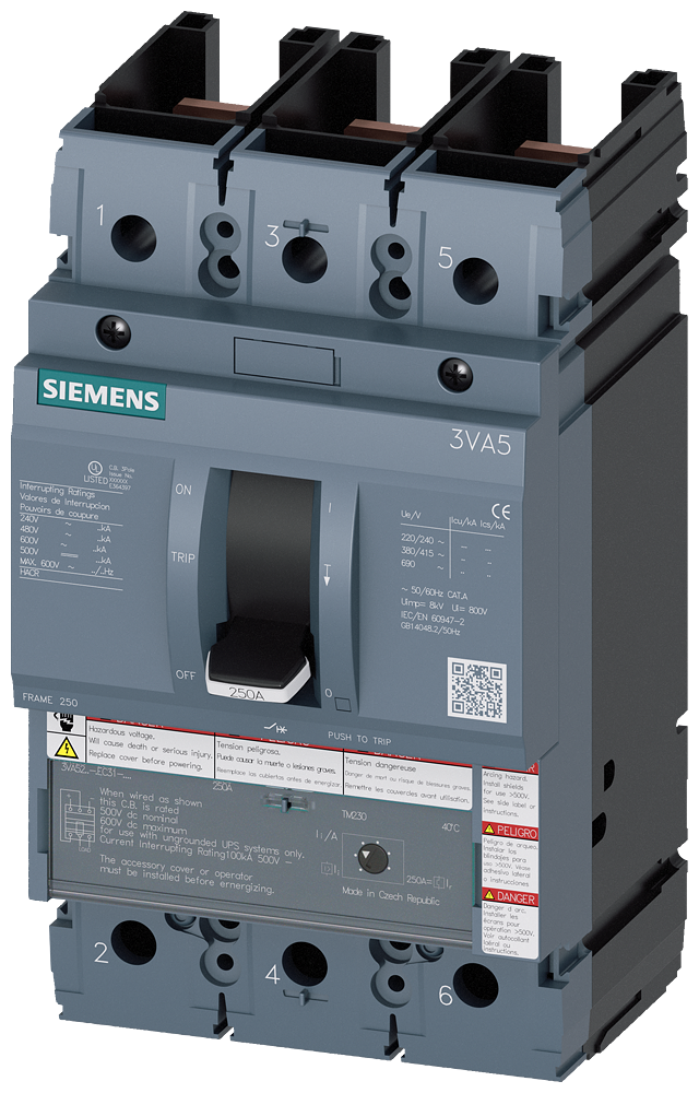3VA5280-6EC31-0AA0 Siemens Molded Case Circuit Breaker with Thermal - Magnetic Trip Unit, 3 Pole 80A 