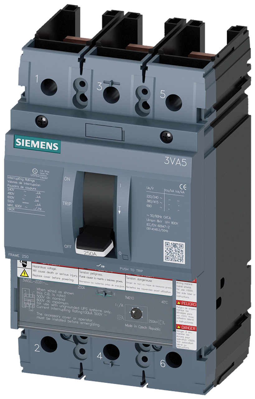 3VA5225-5ED31-0AA0 Siemens Molded Case Circuit Breaker with Thermal - Magnetic Trip Unit, 3 Pole 250A 
