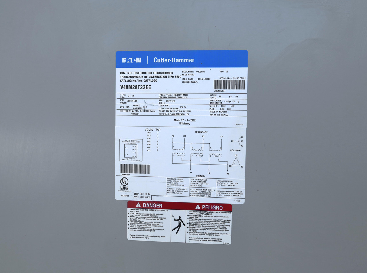 V48M28T22EE
Read Tag, 225 kVA XFMR 480V to 208Y/120V