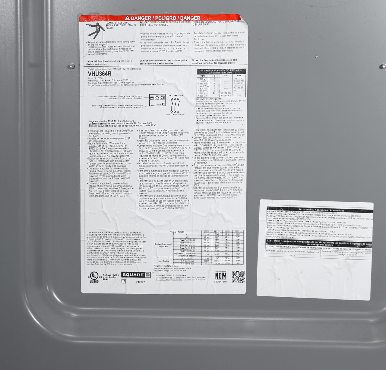 VHU364R
Non-fusible, 200A, 600VAC,Outdoor, Re-certified