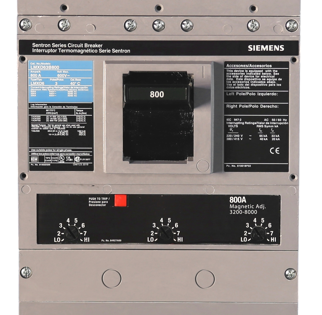 Sentron LMXD63B800 Circuit Breaker w/800 Amp Thermal