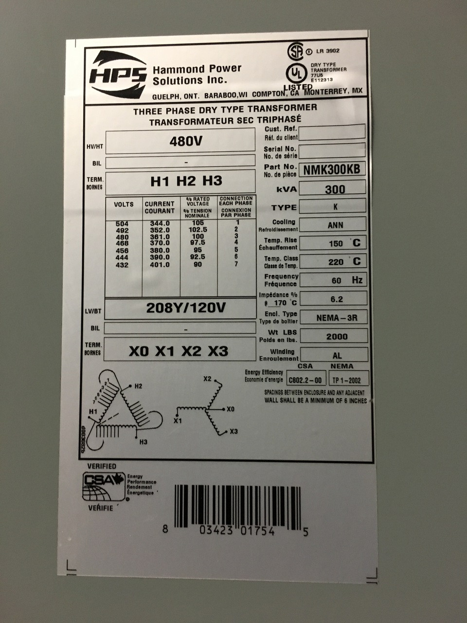 NMK300KB 300 kVA Transformer 480V to 208Y/120V by Hammond