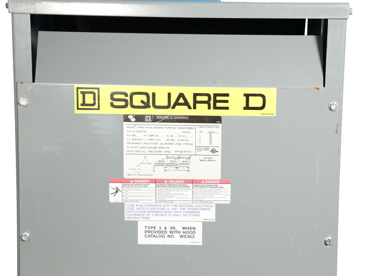 30 kVA Square D 3 Phase Power Transformer #EE30T3H - Breaker Outlet