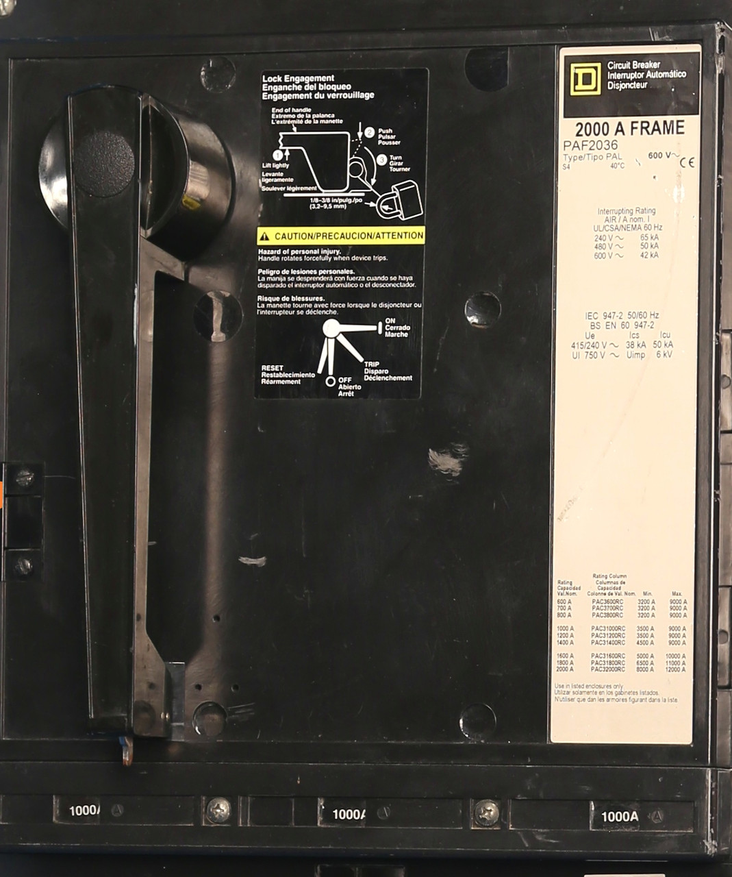 PAF2036 Thermal Magnetic 2000A P-frame Circuit Breaker with Rating Columns