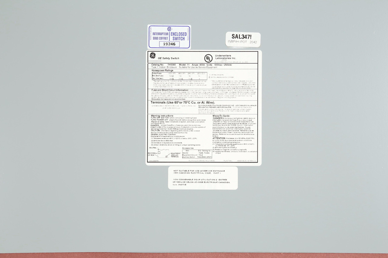 TH3365 ABB Indoor Fusible 400A 600V Safety Switch by General Electric