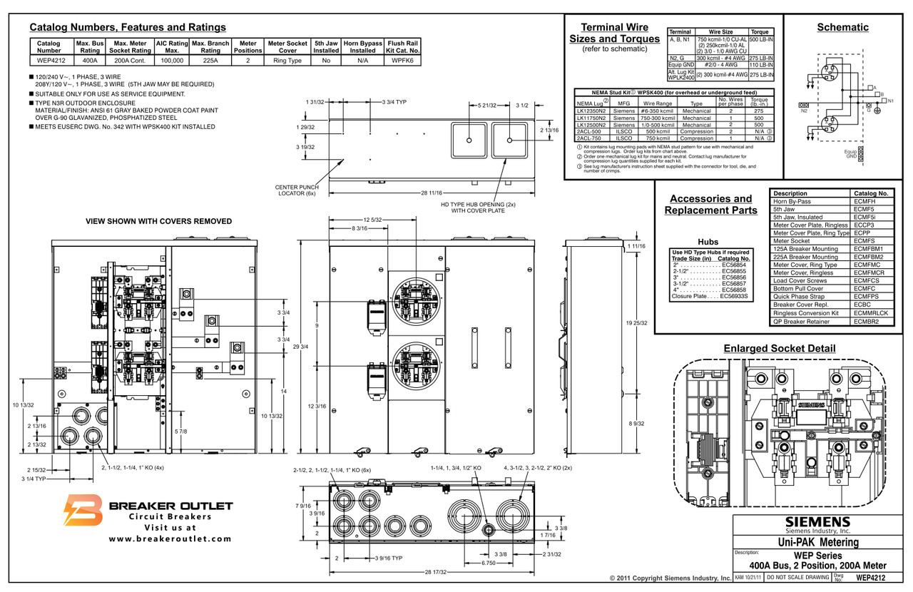 Siemens EUSERC WEP4212 400 Amp 2 Meter Panel Breaker Outlet