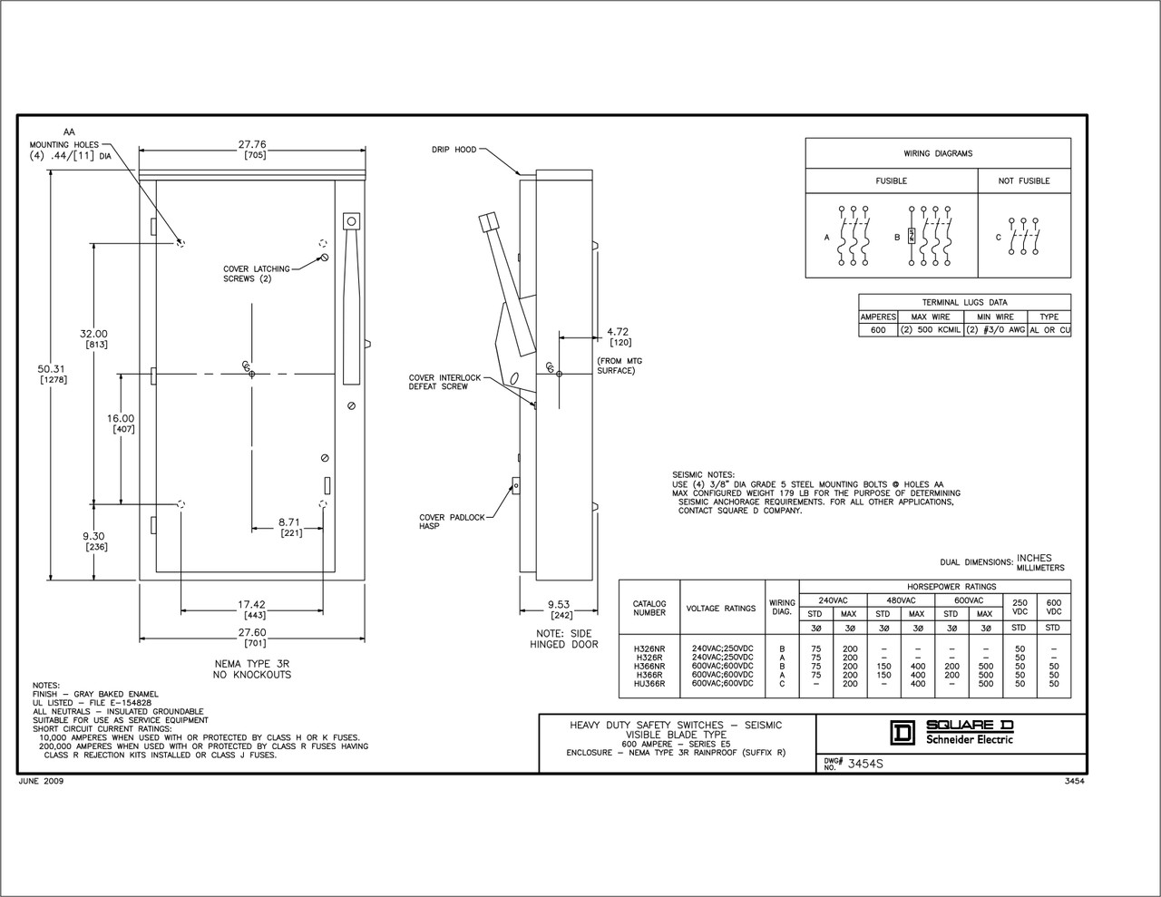 H366NR Fusible 600 Ampere Safety Switch w/Neutral, -New