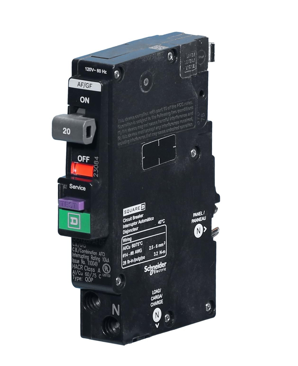 QO115PAFGF Neutral Plug-in combo Arc/Ground Fault 15 Amp Breaker