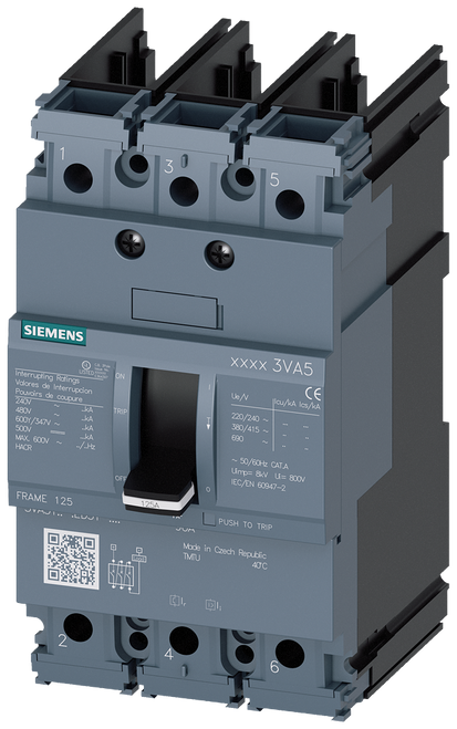 3VA5125-6ED31-0AA0 Siemens Molded Case Circuit Breaker With Thermal - Magnetic Trip Unit, 25A 3-Pole