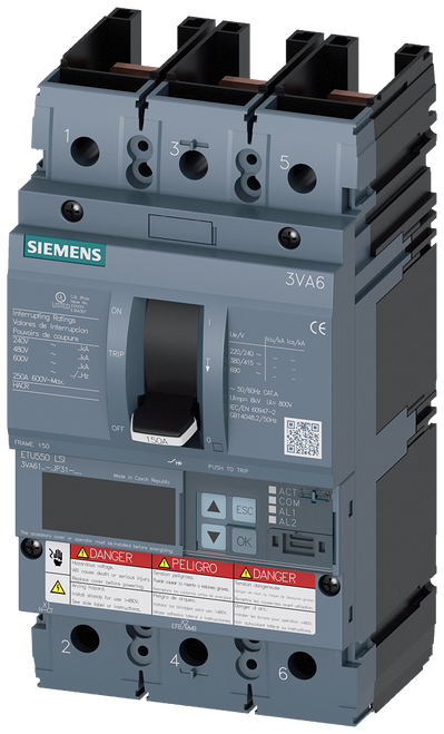 3VA6115-6JP31-0AA0 Siemens Molded Case Circuit Breaker With Electronic Trip Unit, 150A 3-Pole