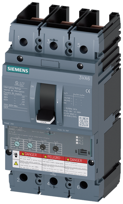 3VA6225-5HN31-0AA0 Siemens Molded Case Circuit Breaker With Electronic Trip Unit, 250A 3-Pole