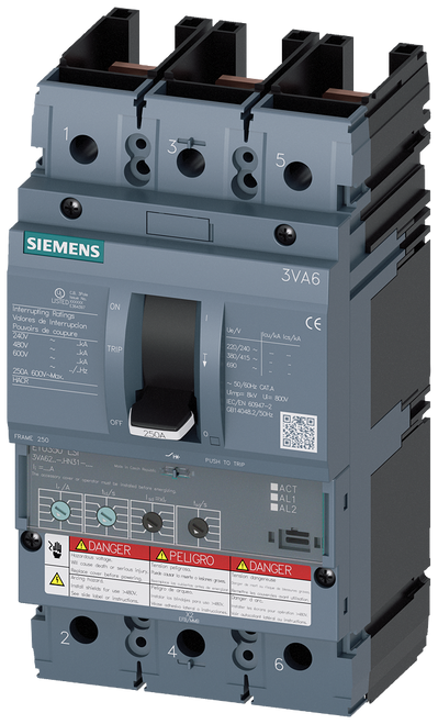 3VA6225-8HN31-0AA0 Siemens Molded Case Circuit Breaker With Electronic Trip Unit, 250A 3-Pole