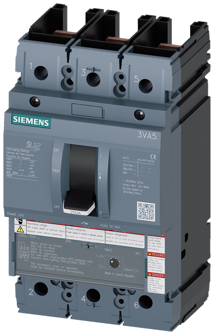 3VA5225-6ED31-0AA0 Siemens Molded Case Circuit Breaker with Thermal - Magnetic Trip Unit, 3 Pole 250A 