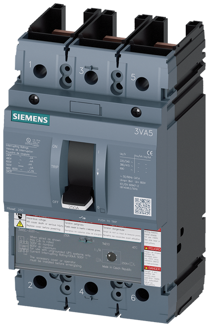 3VA5225-5ED31-0AA0 Siemens Molded Case Circuit Breaker with Thermal - Magnetic Trip Unit, 3 Pole 250A 
