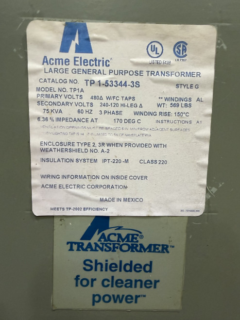 TP1-53344-3S 75 kVA Acme Power Transformer, Delta