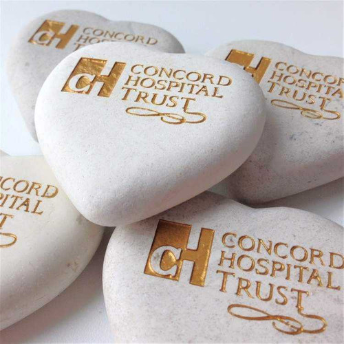 Custom Engraved Cream Heart Stones, 2"-2.25" with Gold Ink