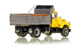 1:50 scale model of Mack® R Single Axle Dump Truck - Yellow over Black w/Grey Dump Body