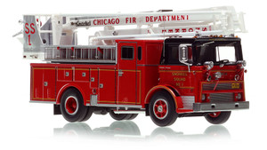 1:50 scale model of Chicago 1967 Mack MB/Pierce/Pitman 50' Snorkel Squad 1 - Late Edition