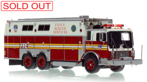 1:50 scale model of FDNY 1985 Mack MC/Saulsbury Rescue Services - Ex R1 - Manhattan