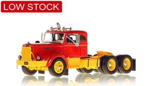 1:50 scale model of a 1954 Autocar DC-100T Tandem Axle Integral Sleeper - Red over Yellow