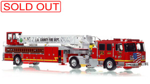 1:50 scale model of Los Angeles County Fire Department 2016 KME AerialCat 100' Quint 15