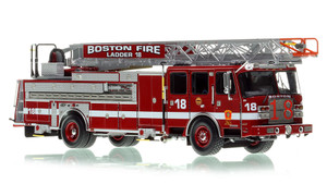 1:50 scale model of Boston Fire Department 2021 E-One Cyclone II - Ladder 18 - South Boston