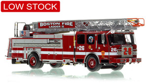 1:50 scale model of Boston Fire Department 2022 E-One Cyclone II - Ladder 26 - Huntington Ave.