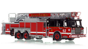 1:50 scale model of Chicago Fire Department 2010 Spartan 103' Rear Mount - Truck 62 - South Deering