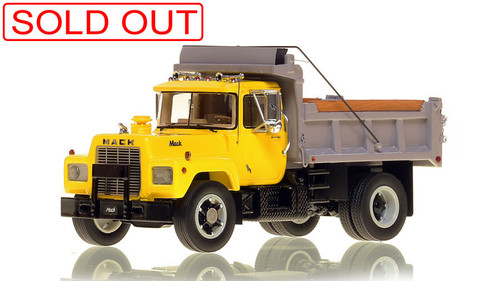 1:50 scale model of Mack® R Single Axle Dump Truck - Yellow over Black w/Grey Dump Body
