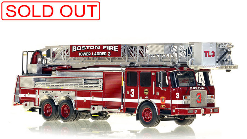 1:50 scale model of Boston Fire Department E-One Tower Ladder 3