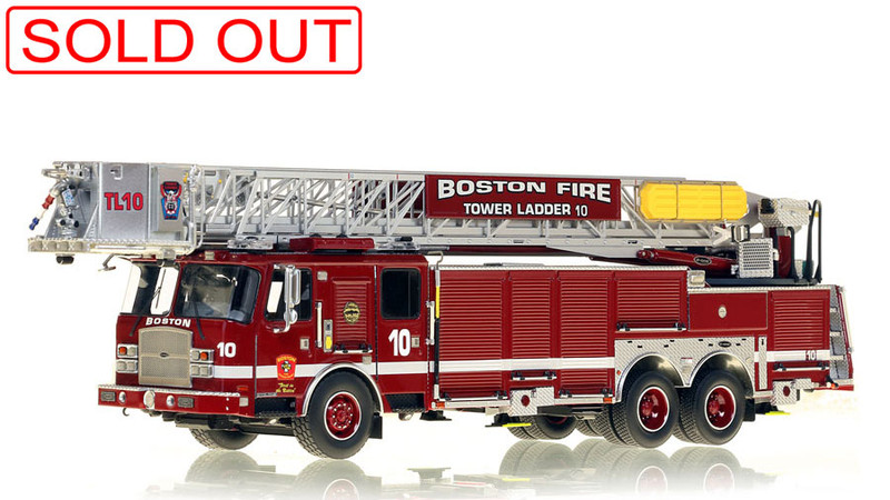 1:50 scale model of Boston Fire Department E-One Tower Ladder 10