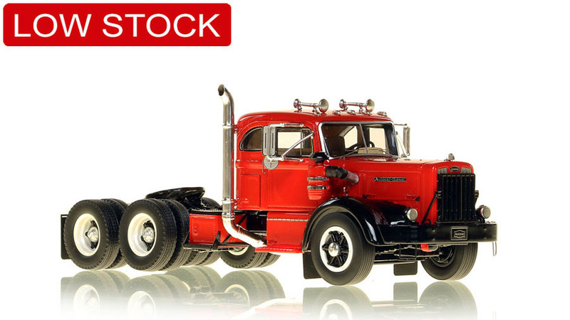 1:50 scale model of a 1954 Autocar DC-100T Tandem Axle Integral Sleeper - Red over Black