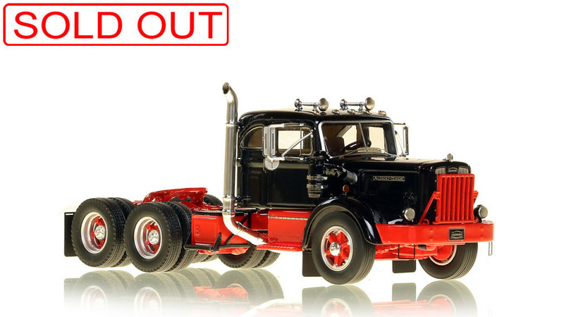 1:50 scale model of a 1954 Autocar DC-100T Tandem Axle Integral Sleeper - Black over Red