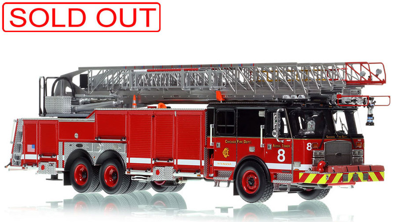 1:50 scale model of Chicago Fire Department 2019 E-One 137' Rear Mount - Aerial Tower 8