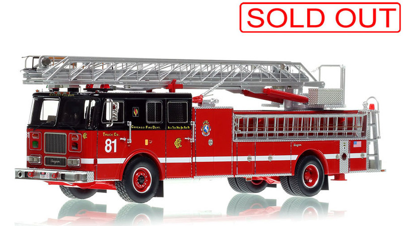 1:50 scale model of Chicago Fire Department Truck 81 - Seagrave 100' Ladder