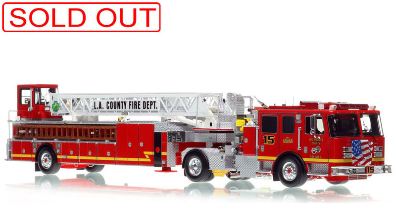 1:50 scale model of Los Angeles County Fire Department 2016 KME AerialCat 100' Quint 15