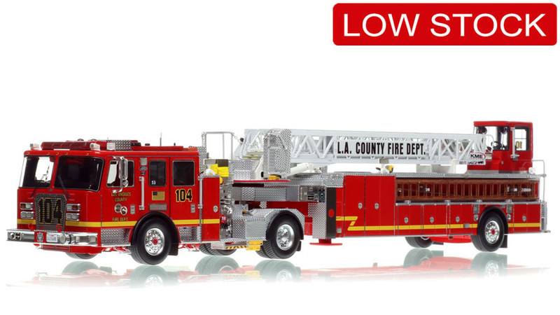 1:50 scale model of Los Angeles County Fire Department 2013 KME AerialCat 100' Quint 104