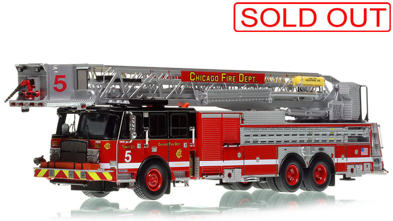 1:50 scale model of Chicago Fire Department 2018 E-One Cyclone II Tower Ladder 5