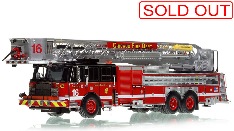 1:50 scale model of Chicago Fire Department 2016 E-One Cyclone II Tower Ladder 16