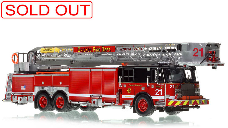 1:50 scale model of Chicago Fire Department 2018 E-One Cyclone II Tower Ladder 21
