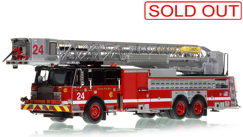 1:50 scale model of Chicago Fire Department 2022 E-One Cyclone II Tower Ladder 24