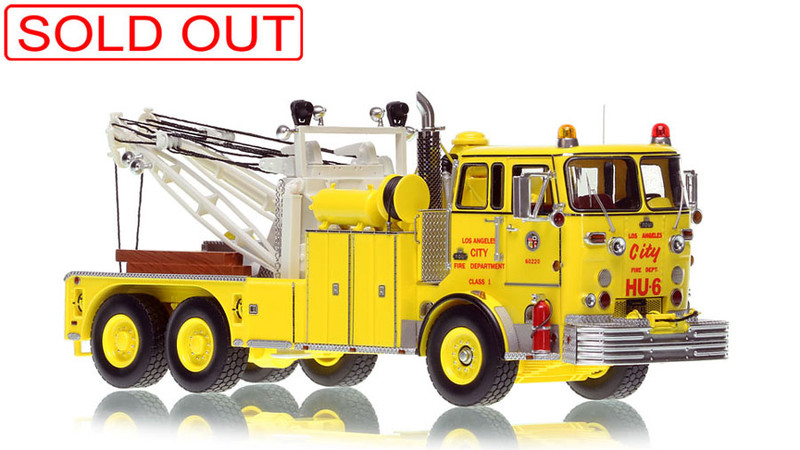 1:50 scale model of City of Los Angeles Fire Department 1967 Crown Firecoach/Holmes 850 Heavy Utility 6 in Yellow