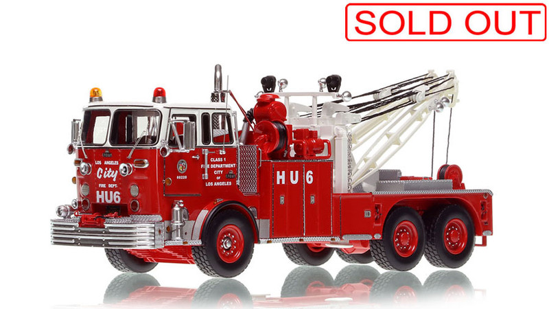 1:50 scale model of City of Los Angeles Fire Department 1967 Crown Firecoach/Holmes 850 Heavy Utility 6 in Red