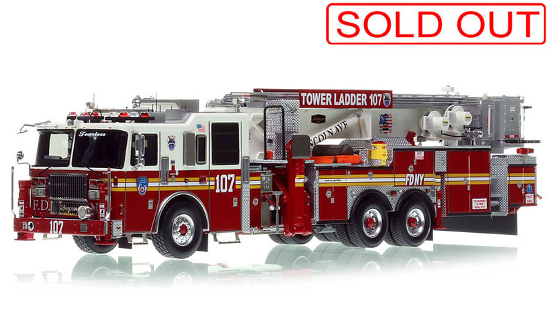 1:50 scale model of FDNY 2012 Seagrave Attacker 95' Tower Ladder 107 - Brooklyn