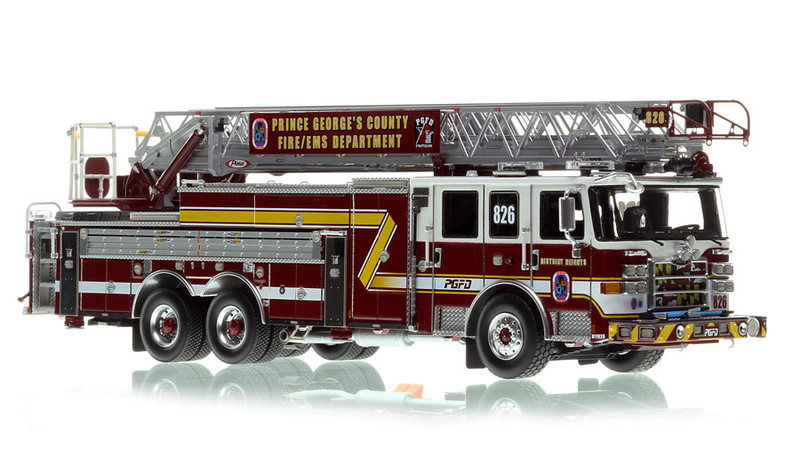 1:50 scale model of PGFD 2019 Pierce Enforcer 107' Ascendant Truck 826 - District Heights