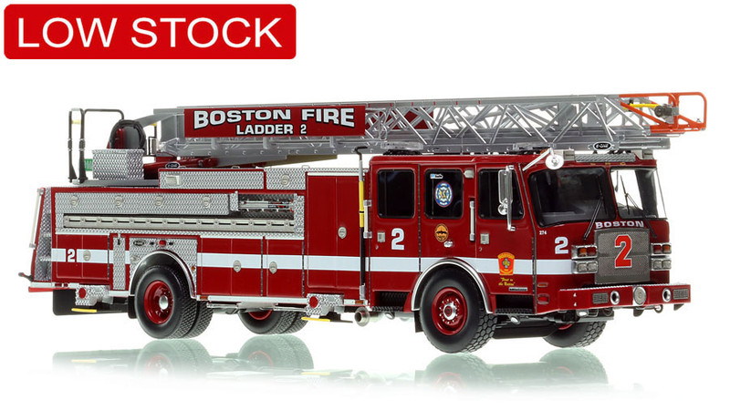 1:50 scale model of Boston Fire Department 2018 E-One Cyclone II - Ladder 2 - East Boston