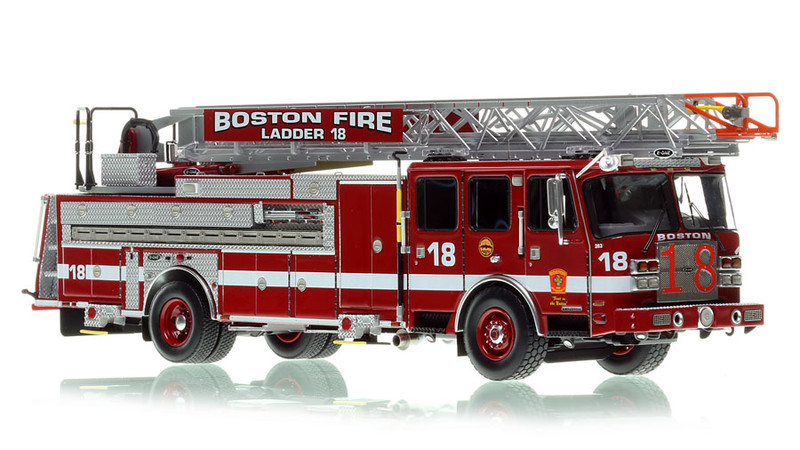 1:50 scale model of Boston Fire Department 2021 E-One Cyclone II - Ladder 18 - South Boston