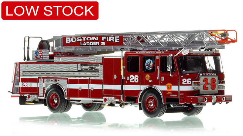 1:50 scale model of Boston Fire Department 2022 E-One Cyclone II - Ladder 26 - Huntington Ave.